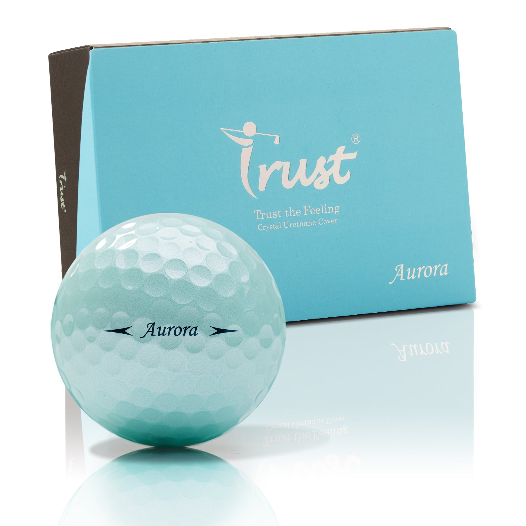 Blue golf ball with 'Trust' branding and a matching box on a white background