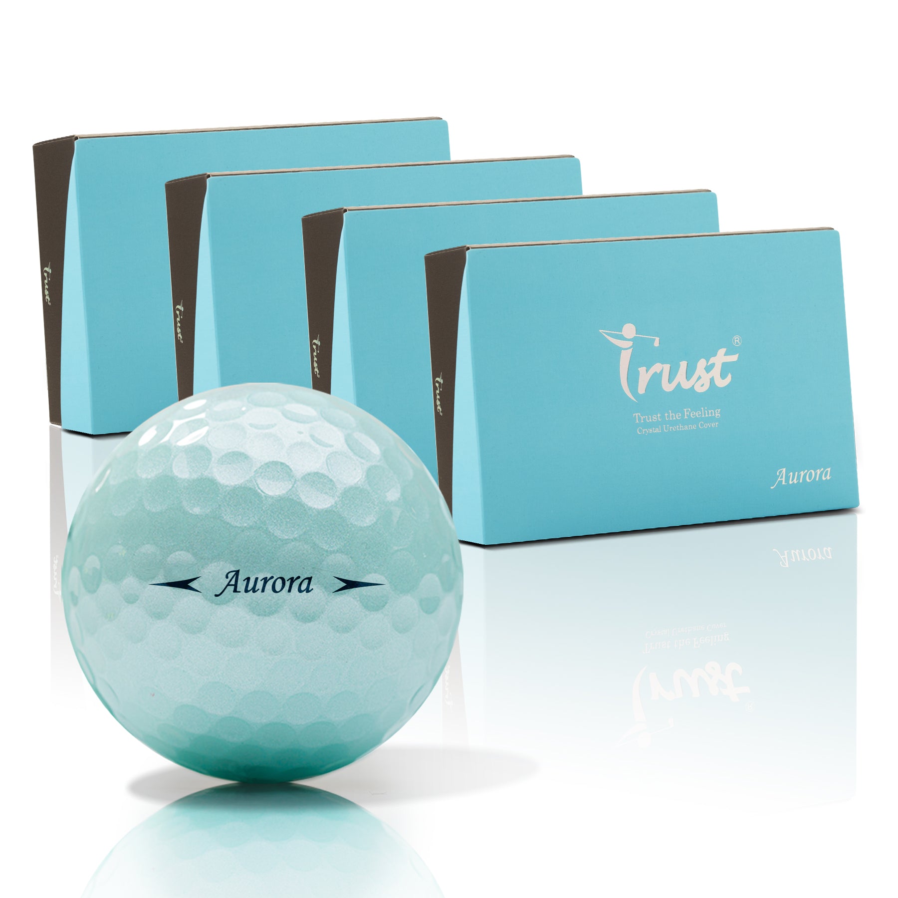 Blue golf ball with 'Aurora' marking in front of four blue boxes labeled 'Trust'.