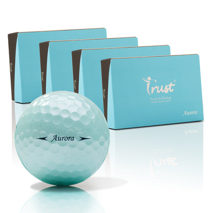 Blue golf ball with 'Aurora' marking in front of four blue boxes labeled 'Trust'.