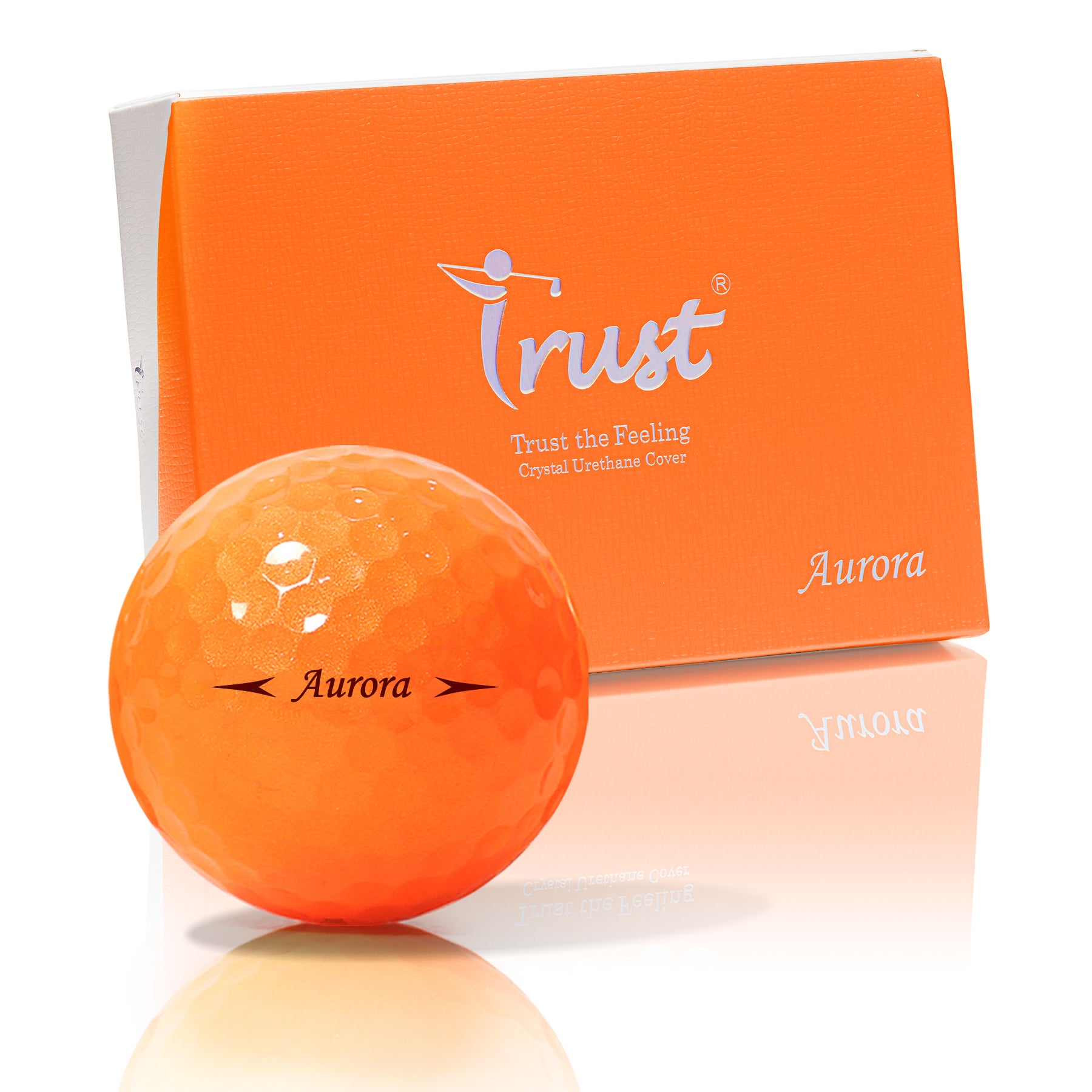 Orange golf ball with 'Trust' branding and a matching box on a white background
