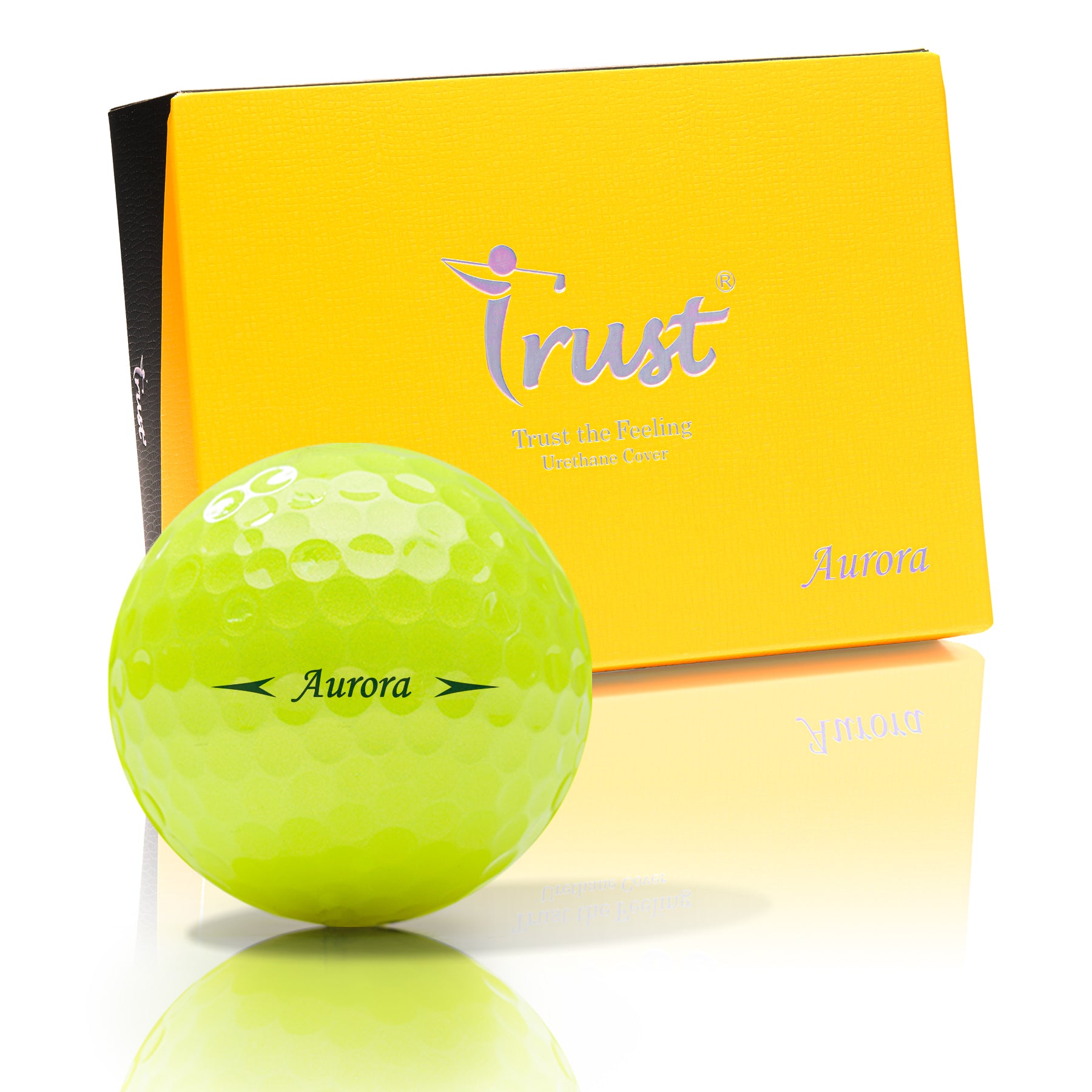 Yellow golf ball with 'Trust' branding and a matching box on a white background